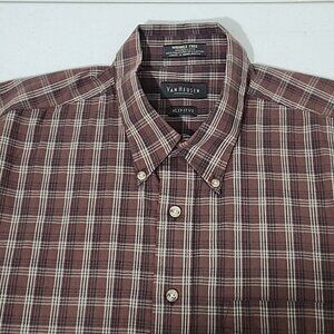 Van Heusen Shirt Mens XL Brown Plaid Short Sleeve Wrinkle Free Broadcloth